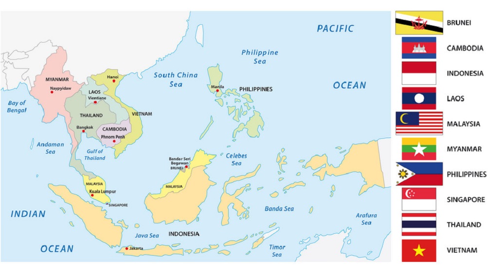 Association of southeast asian nations (ASEAN) map with flags
