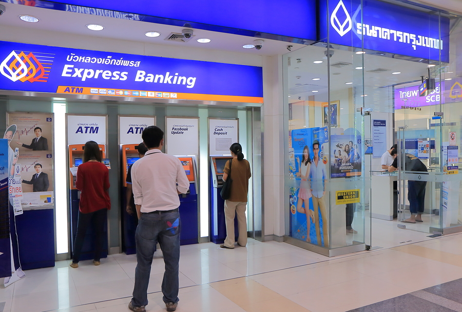 BANGKOK THAILAND - APRIL 22, 2015: Unidentified people visit Bangkok Bank. Bangkok Bank has over 1000 branches in Thailand with 26 international branches.